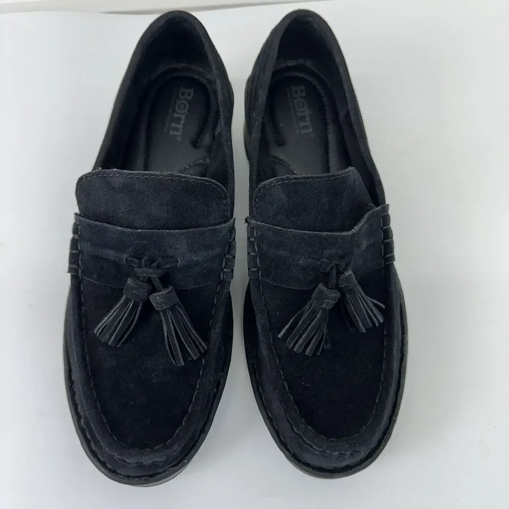 Born Womens Size 8 Capri Tassel Black Suede Lugged Loafers Shoes Capsule Preppy